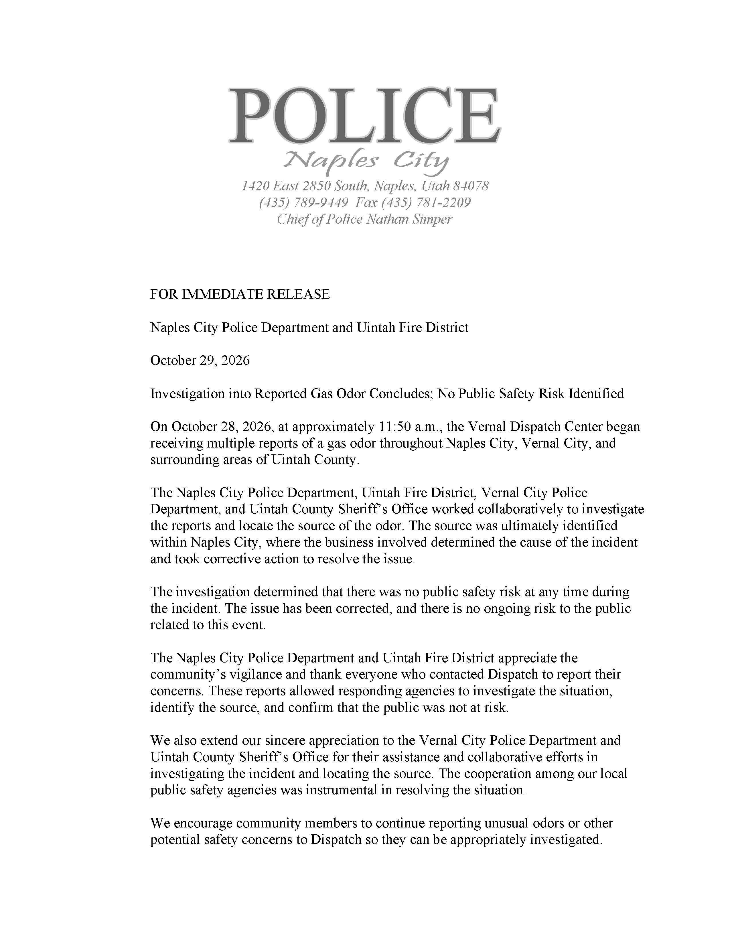 Press Release- Investigation into Reported Gas Odor Concludes; No Public Safety Risk Identified
